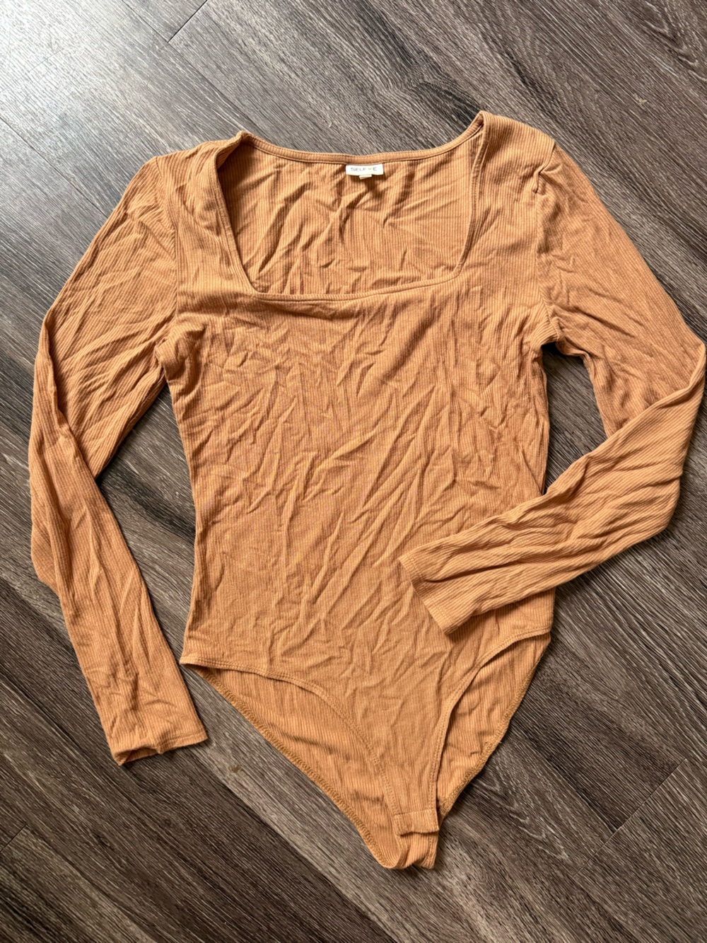 SELFIE Ribbed Long Sleeve Square Neck Bodysuit in Camel Tan
